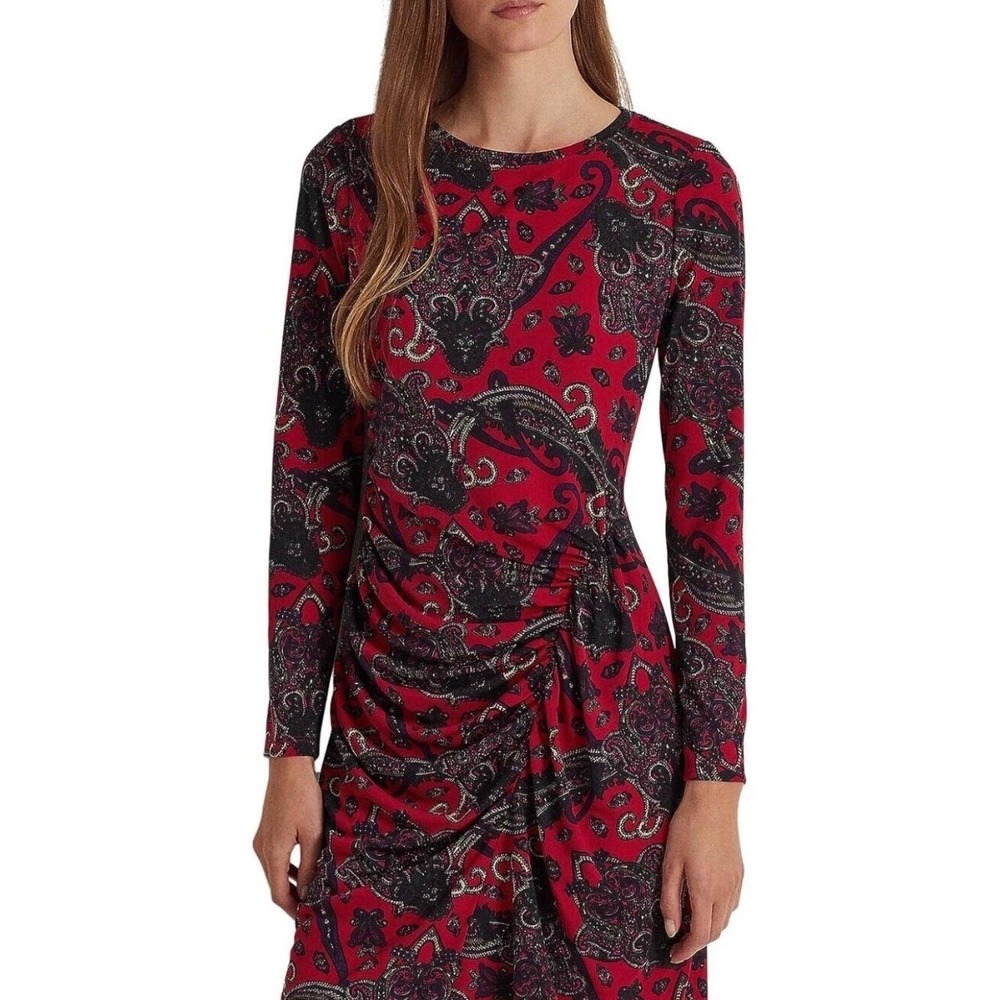 Ralph Lauren size 10 Red & Black Paisley Ruched Dress | Excellent‎ Condition